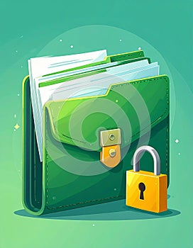 File protection. Green folder with documents and yellow padlock. Data security