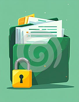 File protection. Green folder with documents and yellow padlock. Data security