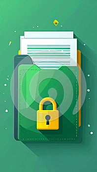 File protection. Green folder with documents and yellow padlock. Data security