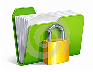 File protection. Green folder with documents and yellow padlock. Data security