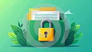 File protection. Green folder with documents and yellow padlock. Data security