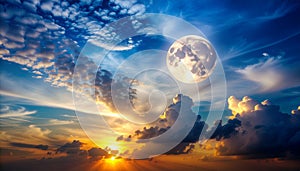 Fantasy Sky with Setting Sun and Full Moon