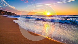 Magical ocean. Sunrise over the Atlantic. Morning. Waves. Surf bright colors. reflection