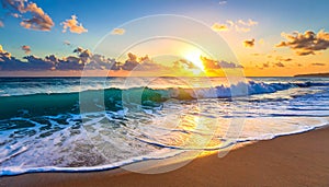 Magical ocean. Sunrise over the Atlantic. Morning. Waves. Surf bright colors. reflection