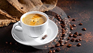 White Cup of coffee, espresso, roasted coffee grains, background, photo