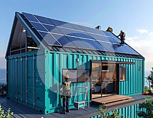 Modern shipping container home with solar panels install