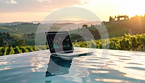 Laptop with Stock Chart in Tuscan Vineyard