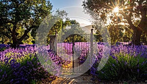 A Wrought Iron Gate Opens to a Lavender Field at Sunset