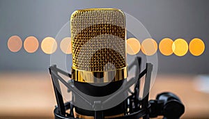 Golden Microphone on a Stand with Bokeh Lights
