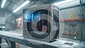 Illuminated PC Tower in Industrial Setting