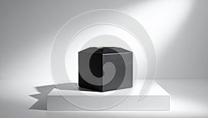 Minimalist Black Cube on White Pedestal