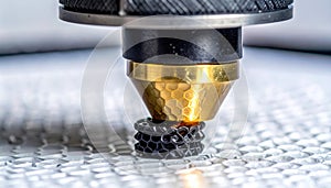 Close-up of a 3D printer nozzle creating a complex structure