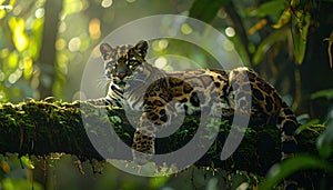 Clouded Leopard Resting on Mossy Branch