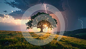 Dramatic Oak Tree in Stormy Sunset