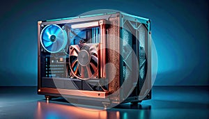 Futuristic Computer Tower with Blue and Copper Accents