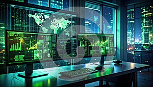 Cybersecurity command center with global data displays