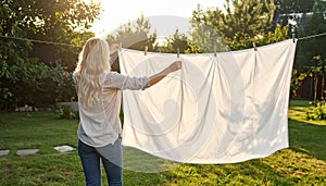 Blond woman hanging white bedsheet at back yard,rear view