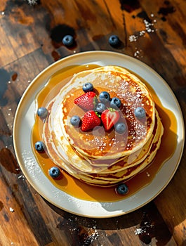 Delicious Stack of Pancakes with Berries and Syrup