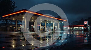 Nighttime Gas Station with Reflections and Neon Lights, Liminal