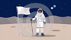 Astronaut in space suit standing on moon with flag. Space walk on lunar surface. Flat lay