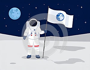 Astronaut in space suit standing on moon with flag. Space walk on lunar surface. Flat lay