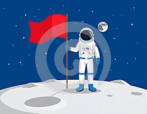 Astronaut in space suit standing on moon with flag. Space walk on lunar surface. Flat lay
