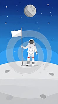 Astronaut in space suit standing on moon with flag. Space walk on lunar surface. Flat lay