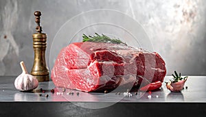 Raw meat on the kitchen table on a metallic background in a composition with cooking