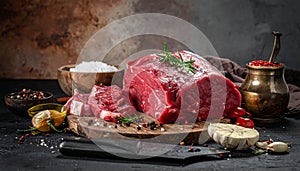 Raw meat on the kitchen table on a metallic background in a composition with cooking