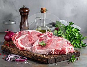 Raw meat on the kitchen table on a metallic background in a composition with cooking