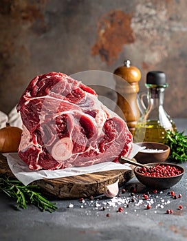 Raw meat on the kitchen table on a metallic background in a composition with cooking