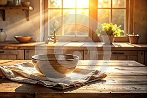 Warm Morning Sunlight Over Rustic Wooden Bowl in Cozy Kitchen Interior â AI-Generated