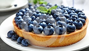 Delicious blueberry tart on plate, closeup