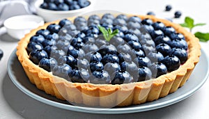 Delicious blueberry tart on plate, closeup