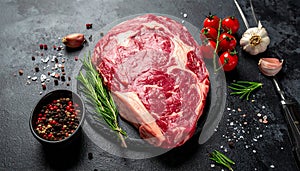 Raw fresh meat Ribeye Steak, seasoning and meat fork on a table