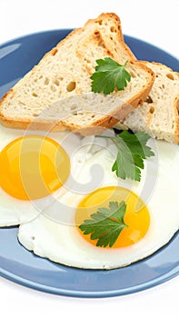 Tasty fried eggs with bread and parsley isolated on white