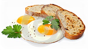 Tasty fried eggs with bread and parsley isolated on white