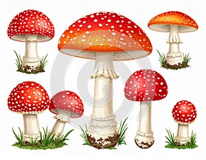Red Fly Agaric Mushroom and Poisonous Forest Toadstool Vector Set