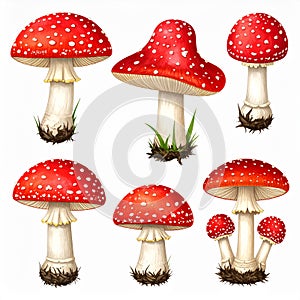 Red Fly Agaric Mushroom and Poisonous Forest Toadstool Vector Set