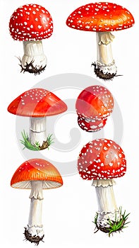 Red Fly Agaric Mushroom and Poisonous Forest Toadstool Vector Set