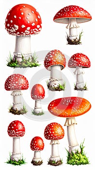Red Fly Agaric Mushroom and Poisonous Forest Toadstool Vector Set