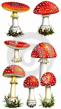 Red Fly Agaric Mushroom and Poisonous Forest Toadstool Vector Set