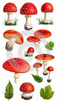 Red Fly Agaric Mushroom and Poisonous Forest Toadstool Vector Set