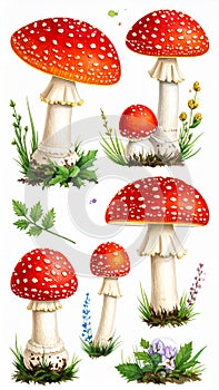 Red Fly Agaric Mushroom and Poisonous Forest Toadstool Vector Set