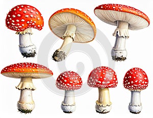 Red Fly Agaric Mushroom and Poisonous Forest Toadstool Vector Set