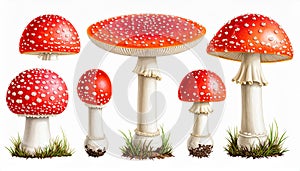 Red Fly Agaric Mushroom and Poisonous Forest Toadstool Vector Set