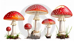 Red Fly Agaric Mushroom and Poisonous Forest Toadstool Vector Set