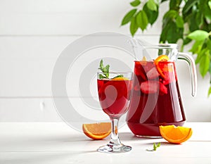 Glasses and jug of Red Sangria on white wooden table