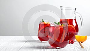 Glasses and jug of Red Sangria on white wooden table