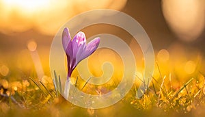 isolated crocus flower in a grass field as the first sign of spring